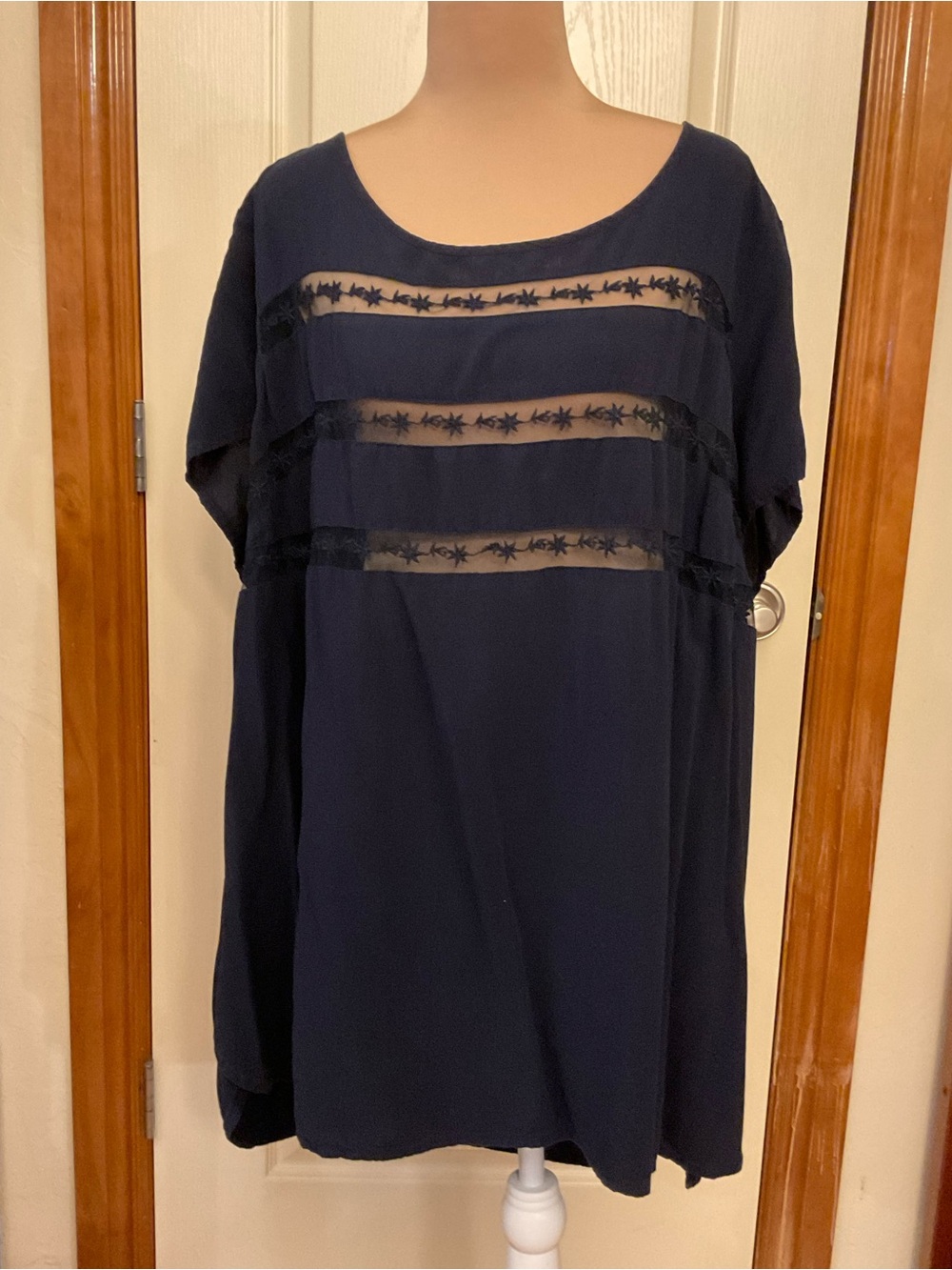 Old Navy Dark Navy Blue Short Sleeve Tunic with Sheer Embroidered Stripes 4X